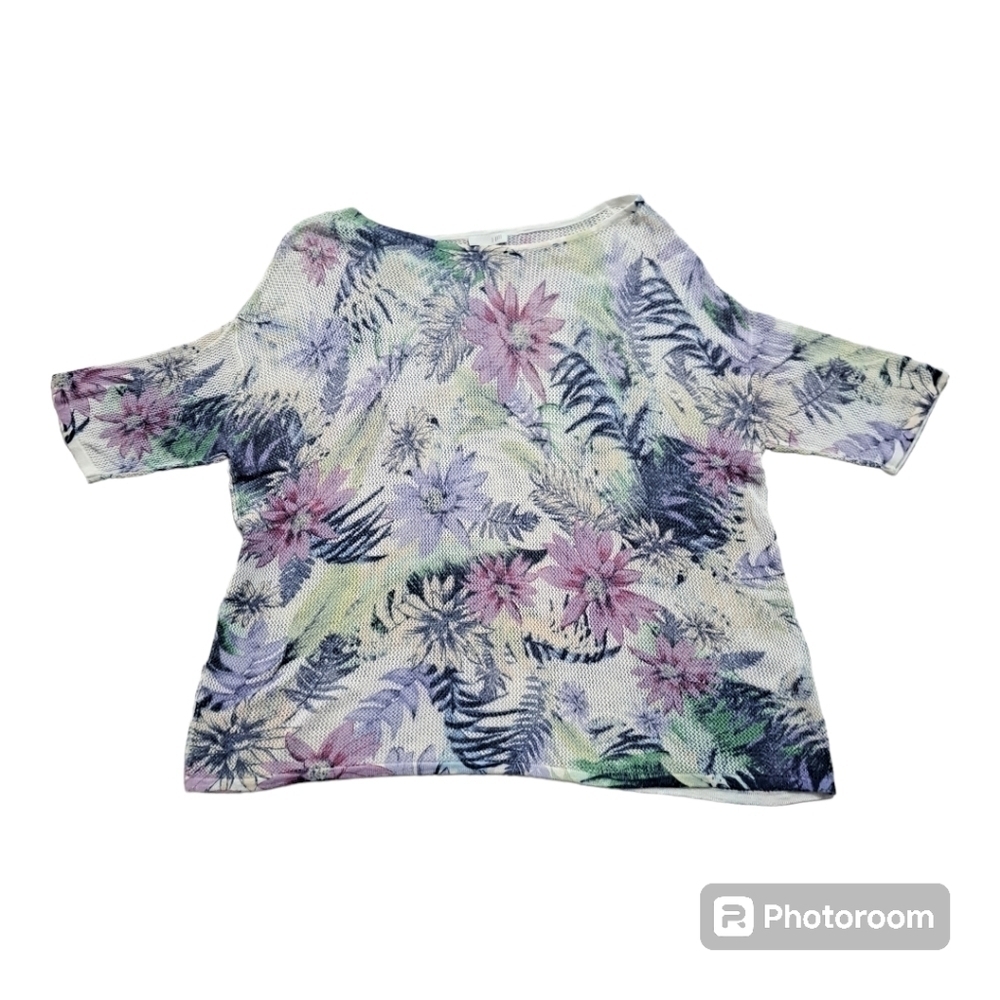 J Jill Linen Blend Open Knit Top Mesh Tropical Blue Purple Size Medium